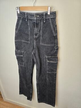Social Tourist Cargo Jeans Womens 25 Black Wide Leg Carpenter Y2K Baggy
